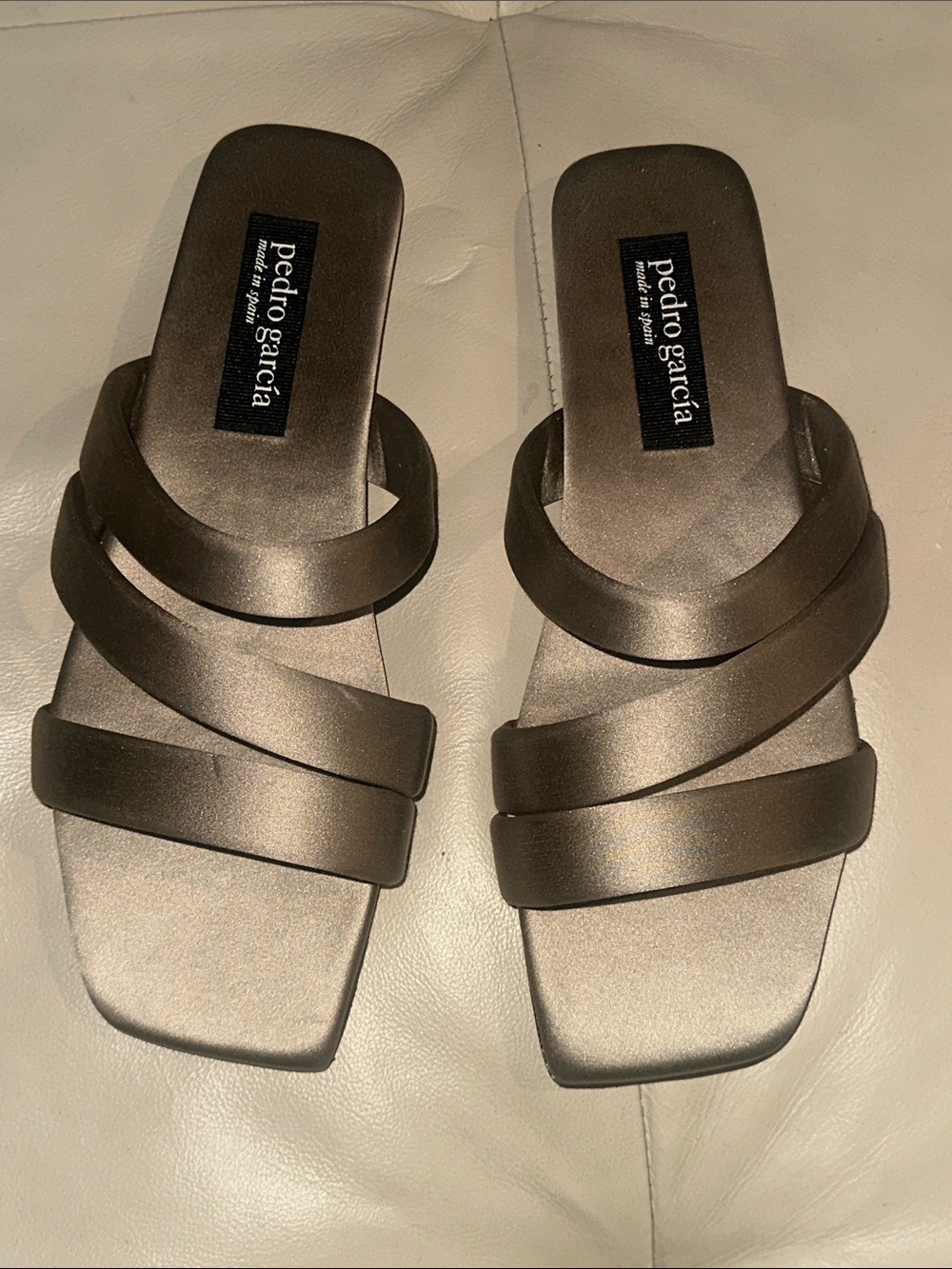 Pedro Garcia Kimi Square Toe Satin Sandals Size 37 in Lentil Tan